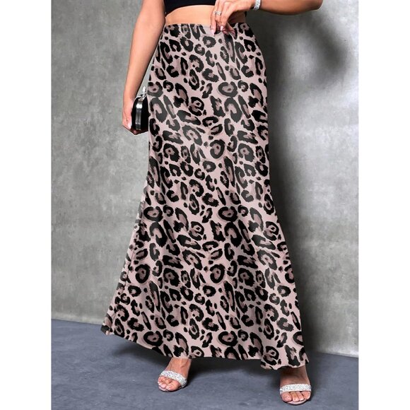 Women Leopard Maxi Dressy Casual Zipped High Waisted Silk Elegant Long Skirt - Picture 5 of 7